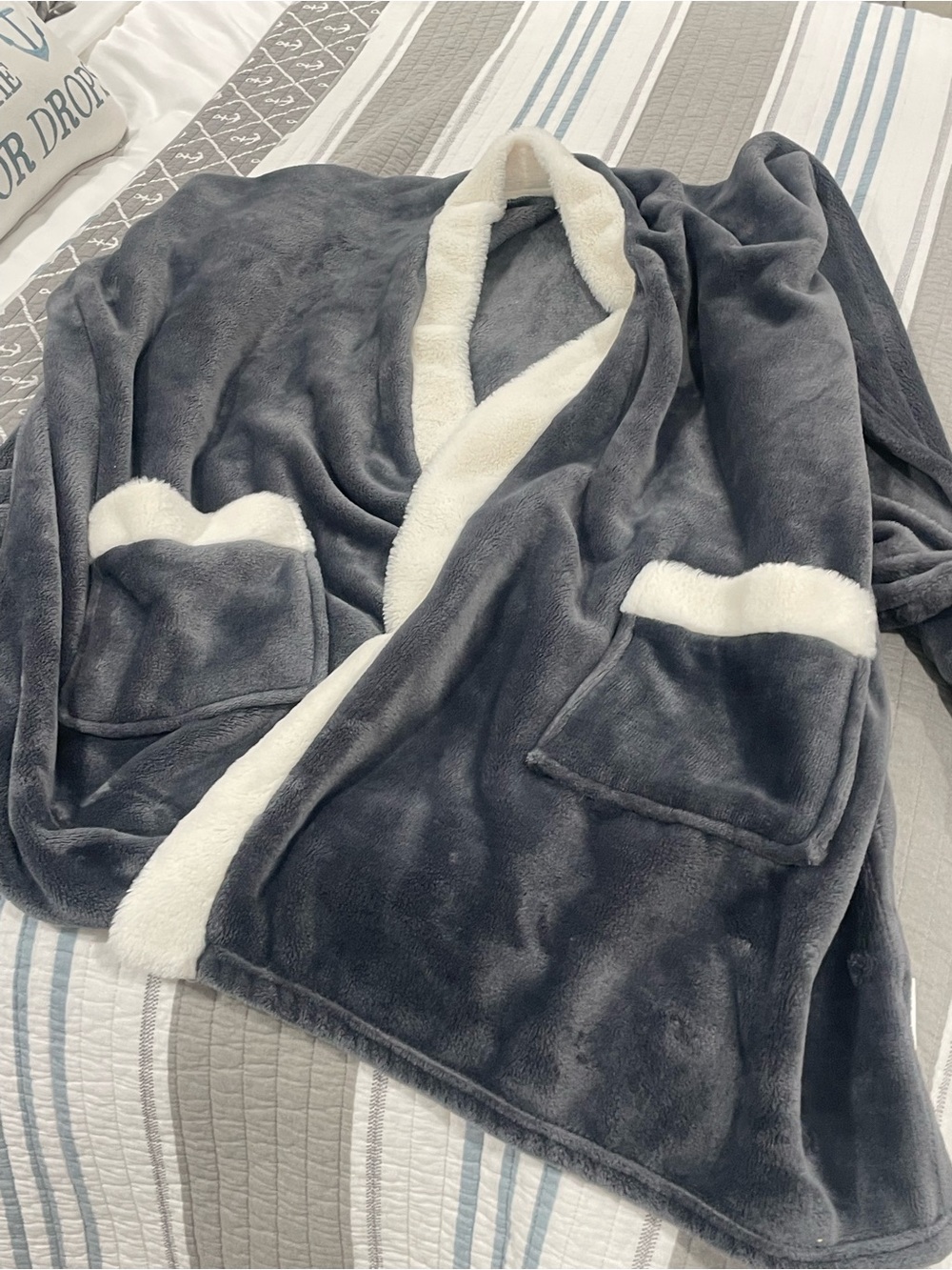 Gray Plush Teddy Wrap Jacket with White Sherpa Trim